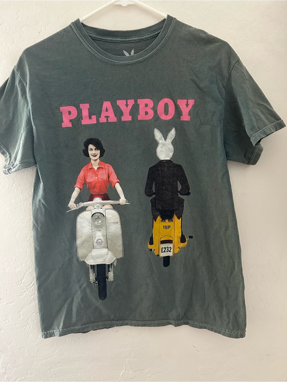 PLAYBOY Olive Green Tee with Pink Logo and Scooter Graphic